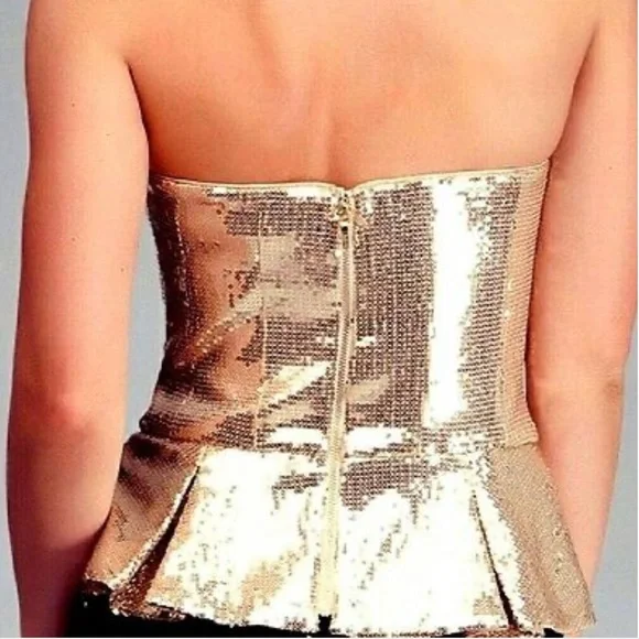 Bebe Gold Sequin Sparkly Strapless Peplum Top NWOT - Picture 5 of 15